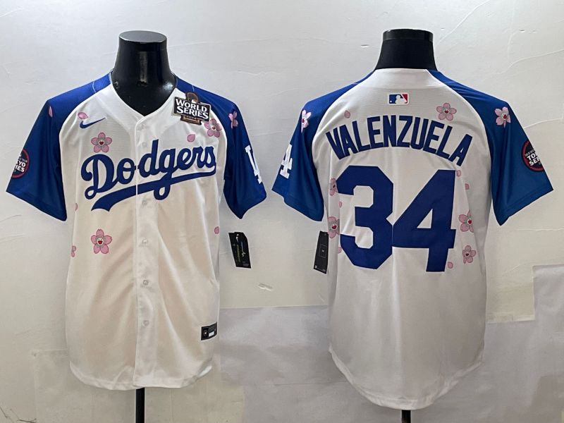 Men Los Angeles Dodgers 34 Valenzuela White Blue Sakura Edition 2025 Nike MLB Jersey style 6